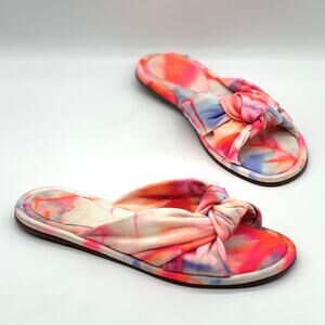 SCHUTZ Leny Tie Dye Sandals Women 7.5 Orange Pink Criss Cross Leather Knot Slide
